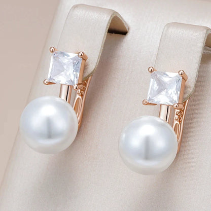 Wbmqda Simple Pearl Drop Earrings For Women 585 Rose Gold Color With Natural Zircon High Quality Daily Jewelry