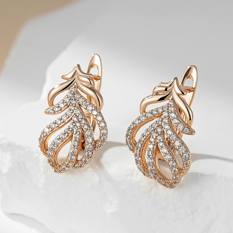 Wbmqda Luxury Feather Shape Drop Earrings For Women 585 Rose Gold Color Full Zircon Setting Sparkling Wedding Party Fine Jewelry