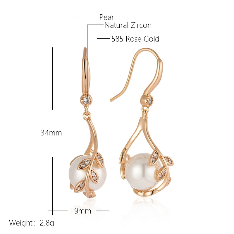 Wbmqda Unique Vine Shape Pearl Dangle Earrings For Women 585 Rose Gold Color Luxury Elegant Wedding Zircon Jewelry Accessories