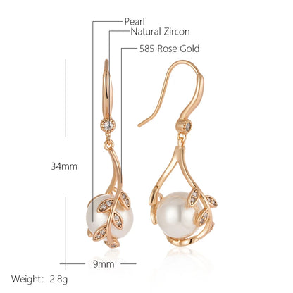 Wbmqda Unique Vine Shape Pearl Dangle Earrings For Women 585 Rose Gold Color Luxury Elegant Wedding Zircon Jewelry Accessories