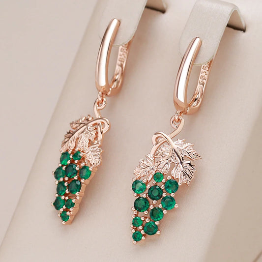 Kienl Hot Full Shiny Green Natural Zircon Long Grape Drop Earring for Women 585 Rose Gold Color Unique Crystal Vintage Jewelry