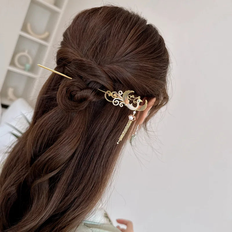 SUYU New Phoenix Design Simulation Pearl Tassel Hairpin Elegant And Fashionable Style Hairpin