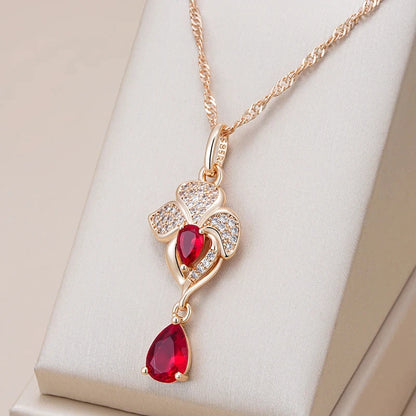 Wbmqda Luxury Red Pomegranate Flower Pendant And Necklace For Women 585 Rose Gold Color Retro Wedding Party Jewelry