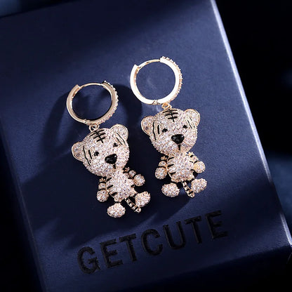 Cute Twelve Zodiac Creativity Earrings Inlaid With Cubic Zirconia Fashionable And Personalized Little Tiger Earrings