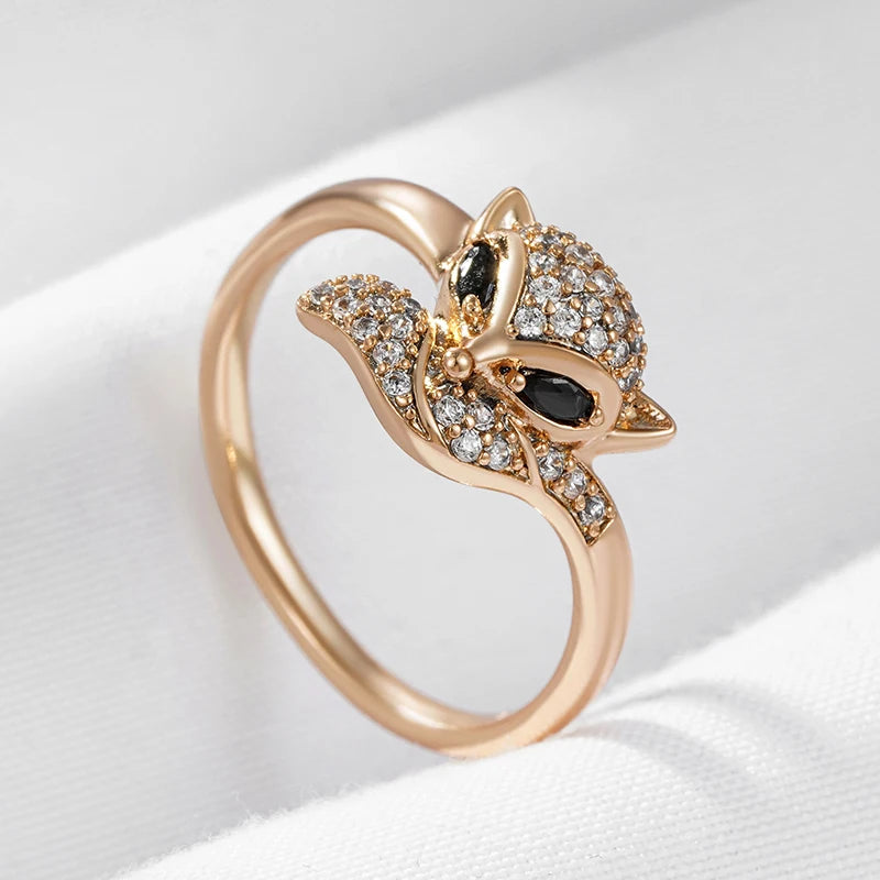 Wbmqda Unusual Fox Ring For Women 585 Rose Gold Color Black White Zircon Setting Luxury Fashion Animal Jewelry Accessories