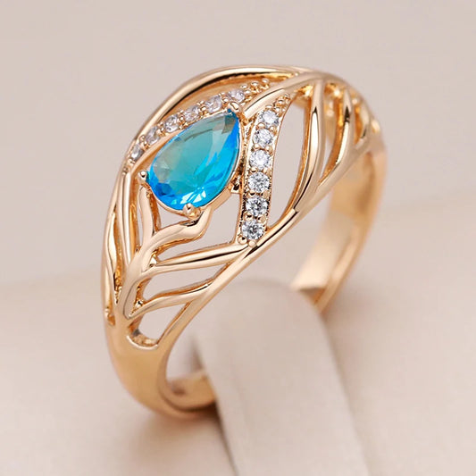 Kinel New Vintage Blue Natural Zircon Leaf Ring for Women Ethnic Bride 585 Rose Gold Color Accessories Party Daily Fine Jewelry