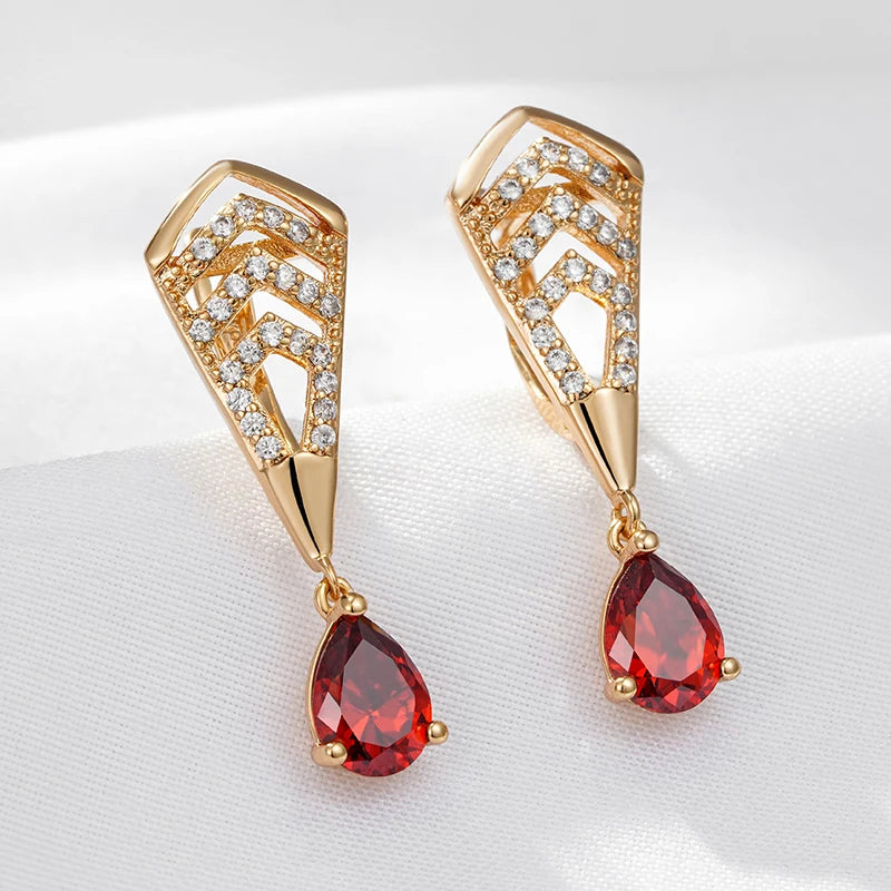 Wbmqda Luxury Elegant Red Natural Zircon Drop Earrings For Women 585 Rose Gold Color Ethnic Bride Wedding Party Fine Jewelry