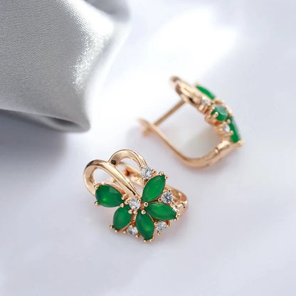 Wbmqda Luxury Green Crystal Flower Drop Earrings For Women 585 Rose Gold Color With Natural Stone Fine Wedding Party Jewelry