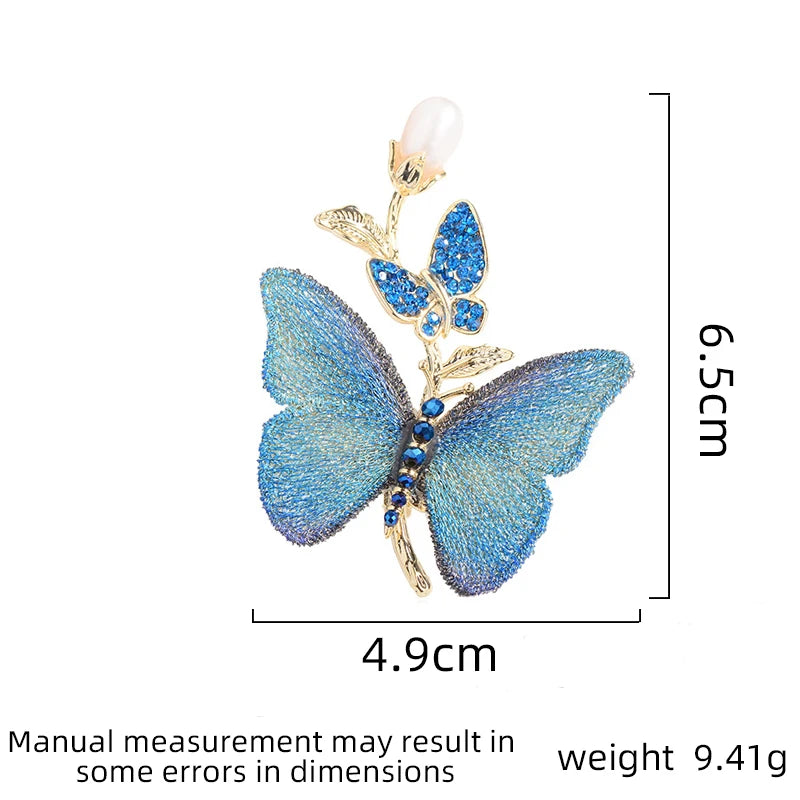 SUYU Women's light luxury embroidered fabric art blue butterfly brooch imitation pearl elegant fashion versatile brooch