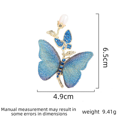 SUYU Women's light luxury embroidered fabric art blue butterfly brooch imitation pearl elegant fashion versatile brooch