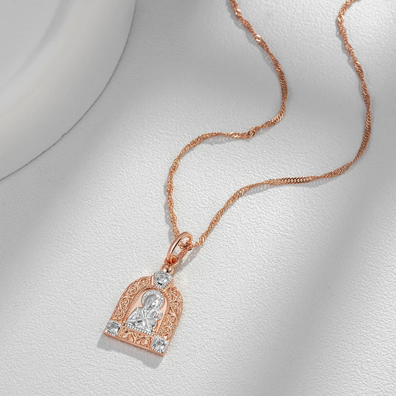 Kinel Luxury Virgin Mary Pendant Necklace For Women Men 585 Rose Gold Color Natural Zircon Jesus Charm Daily Fine Jewelry Gifts