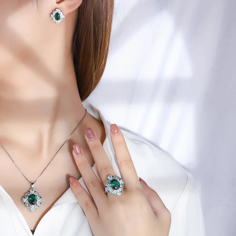 SUYU Fashionable New Fashion Trend Green Round Zircon Micro Inlaid Ring Set Earrings And Pendant Set Accessories