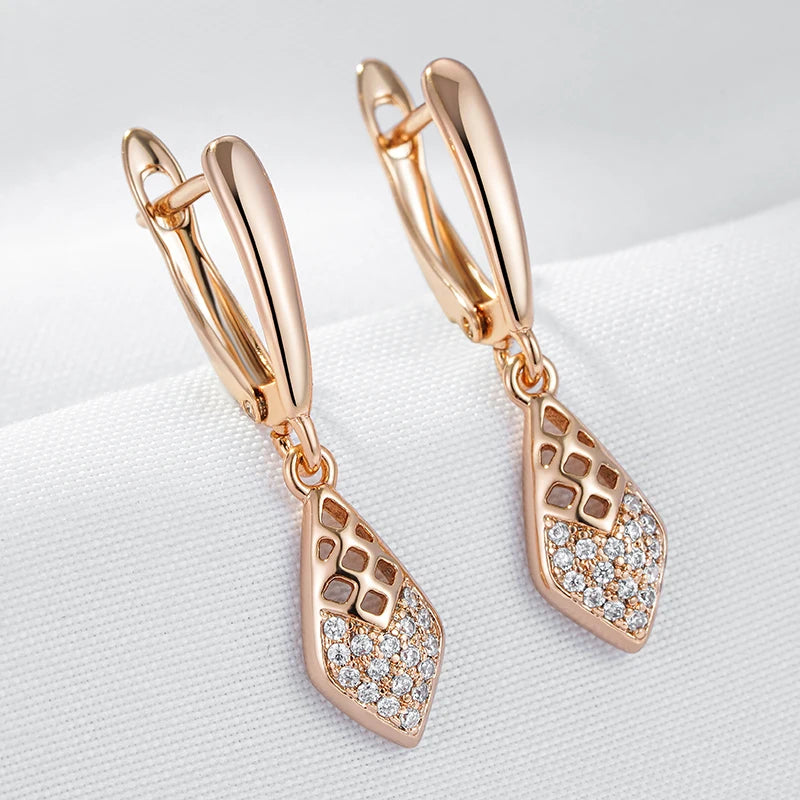 Wbmqda Fashion Hollow Lozenge Drop Earrings For Women 585 Rose Gold Color With White Natural Zircon Wedding Party Fine Jewelry