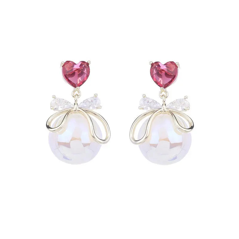 Ladies' light luxury design elegant heart-shaped bow imitation pearl earrings fashionable and versatile niche design earrings