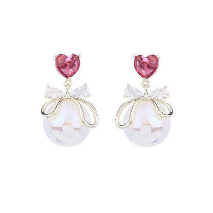 Ladies' light luxury design elegant heart-shaped bow imitation pearl earrings fashionable and versatile niche design earrings