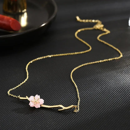 2023 New Pink Cherry Blossom Necklace For Women's Fashion Niche Minimalist Design Branch Flower Collar Chain Accessories