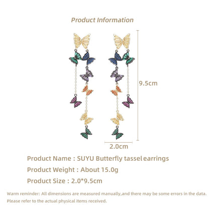 SUYU Temperament Cubic Zirconia Inlaid Decorative Facial Earrings Long Tassel Flying Butterfly Earrings