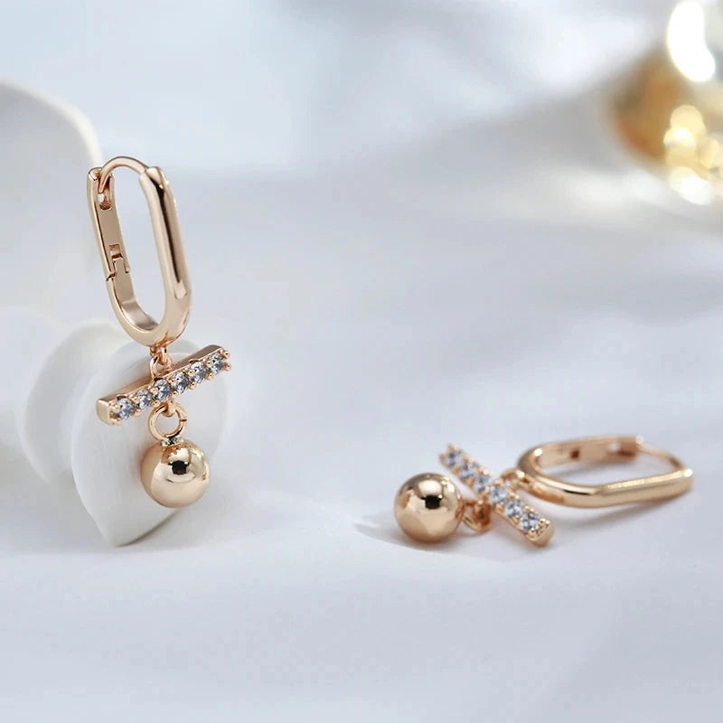 Wbmqda Unique Metal Ball Drop Earrings For Women 585 Rose Gold Color With White Natural Zircon Fashion Daily Party   Jewelry