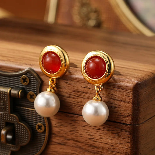 SUYU New Summer Women's Design Light Luxury Red Round Stone Imitation Pearl Classic Earrings Minimalist Vintage Earrings