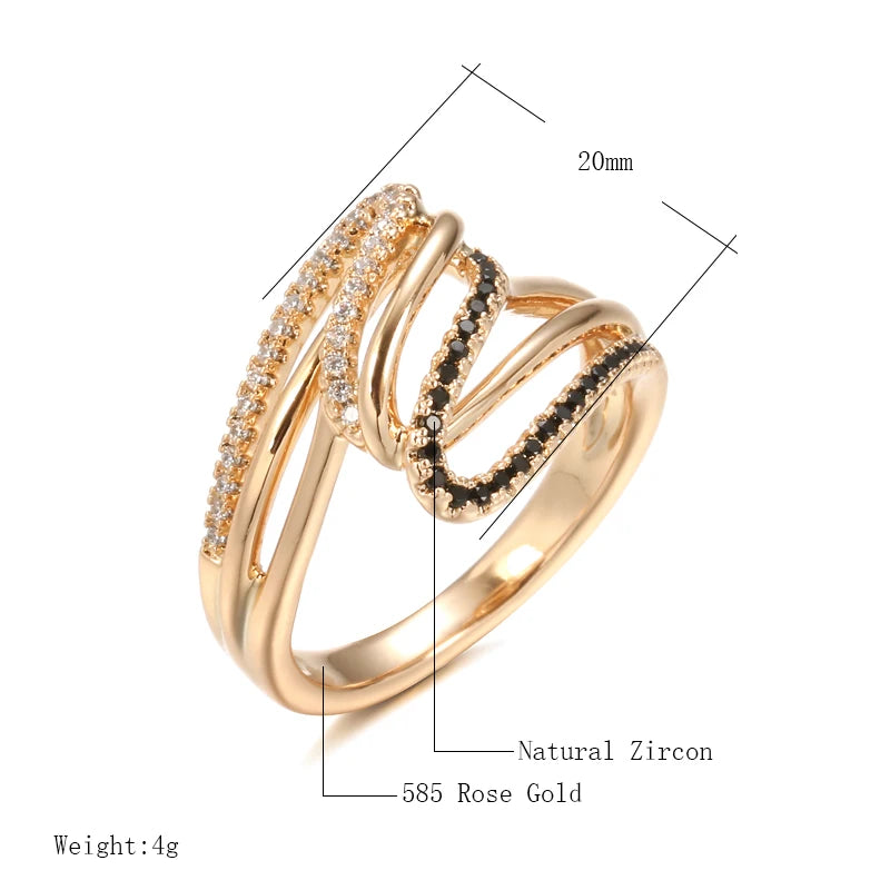 Wbmqda Luxury Geometric Hollow Ring For Women 585 Rose Gold Color Natural Black And White Zircon Setting Ethnic Wedding Jewelry