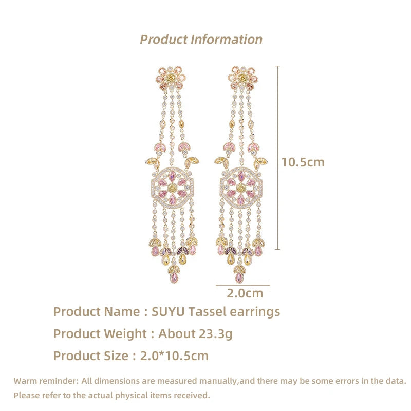 Exaggerated Earrings With Colorful Cubic Zirconia Flower Long Droplet Tassel Earrings