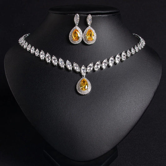 SUYU Trendy Design Set Water Drop Necklace Zircon Tassel Earrings Wedding Accessories