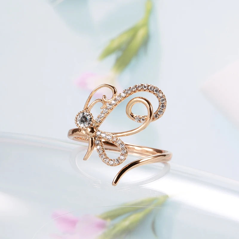 Wbmqda Unique Butterfly Open Ring For Women 585 Rose Gold Color With White Natural Zircon Holiday Party Fashion Jewelry Gifts