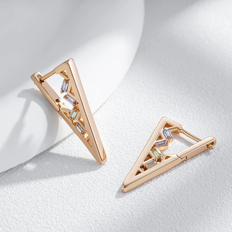 Wbmqda Fashion V Shape Drop Earrings For Women 585 Rose Gold Color With Colorful Natural Zircon Holiday Party Fine Jewelry Gift