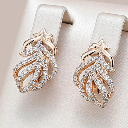 Wbmqda Luxury Feather Shape Drop Earrings For Women 585 Rose Gold Color Full Zircon Setting Sparkling Wedding Party Fine Jewelry