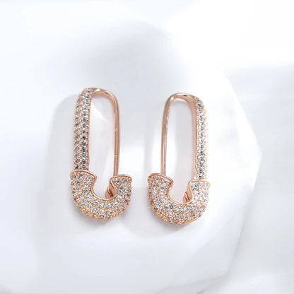 Wbmqda Unique Pin Shape Drop Earrings For Women 585 Rose Gold Color Full Zircon Setting Personalized Pierced Jewelry Accessories