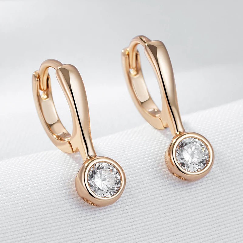 Wbmqda Simple Metal Dangle Earrings For Women 585 Rose Gold Color With White Natural Zircon Girl Children Fine Eardrop Jewelry