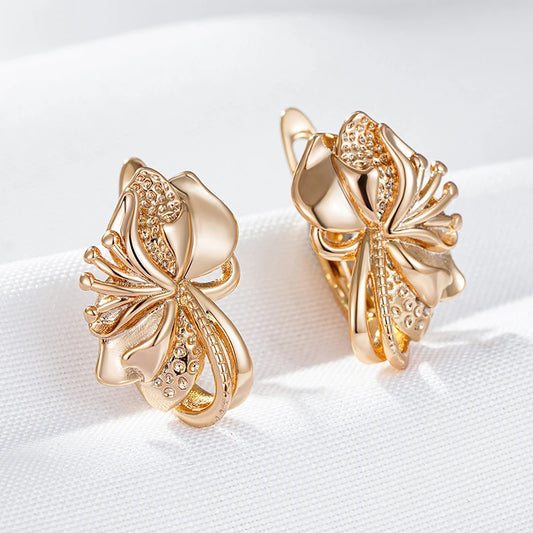 Wbmqda Vintage Glossy Flower Dangle Earrings For Women 585 Rose Gold Color Delicate Pattern Carving Simple Fashion Daily Jewelry