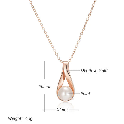 Kinel Luxury 585 Rose Gold Pendant Necklace for Women Unique Geometric Hollow Pearl Bridal Wedding Jewelry Daily Wear Gift