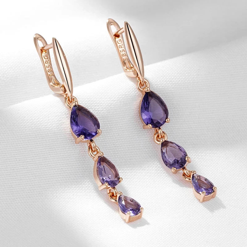 Wbmqda Shiny Purple Natural Zircon Long Dangle Earrings For Women 585 Rose Gold Color Wedding Party Fine Jewelry