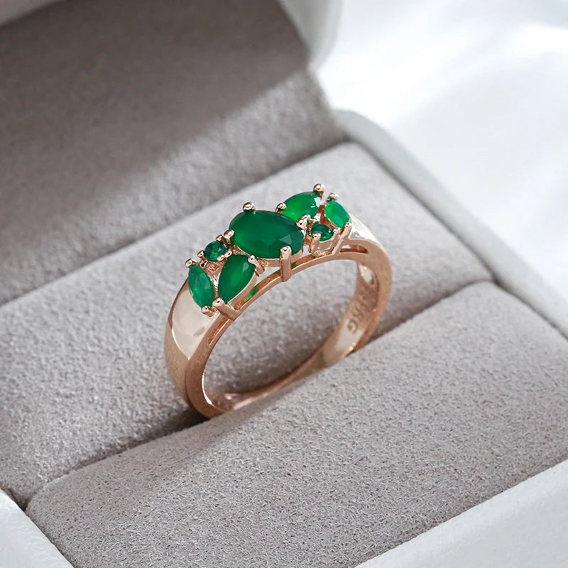 Kinel New Green Natural Zircon Geometry Ring for Women 585 Rose Gold Vintage Ethnic Bride Wedding Jewelry Party Accessories Hot