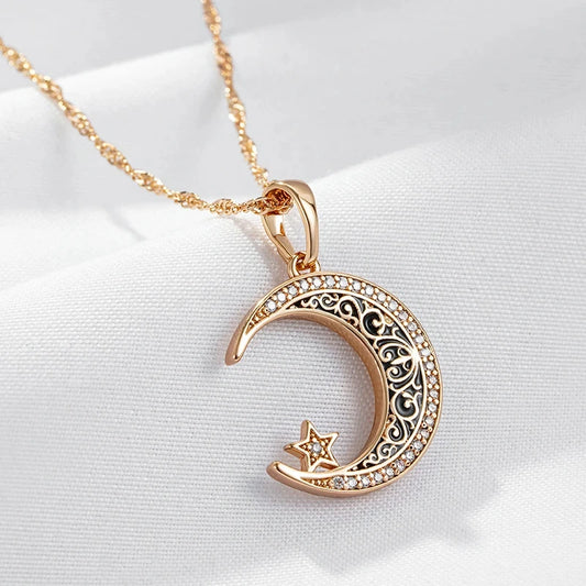 Wbmqda 585 Rose Gold Color Unique Black Enamel Moon And Star Pendant Necklace For Women With Shiny CZ Stone Trendy Neck Chain