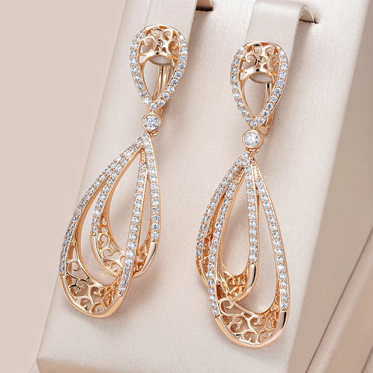 Kienl Hot 585 Rose Gold Color Vintage Long Earring for Women Glossy Metal Shiny Natural Zircon Accessories Trend Daily Jewelry