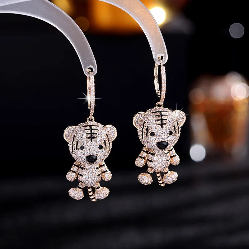 Cute Twelve Zodiac Creativity Earrings Inlaid With Cubic Zirconia Fashionable And Personalized Little Tiger Earrings