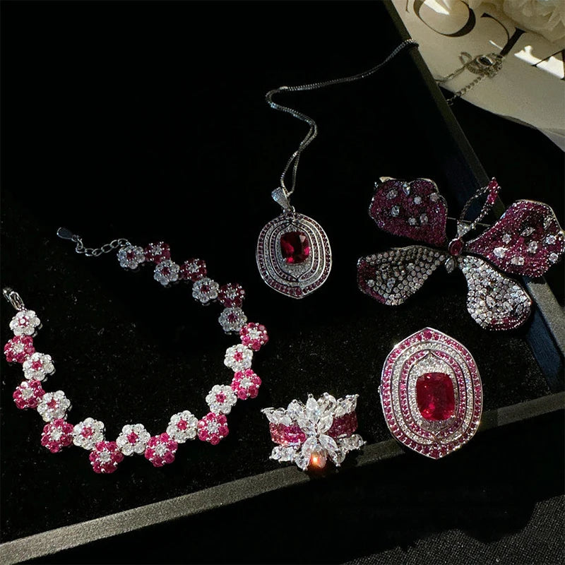 Neon Charming Flower Ring Rouge Pink Cubic Zirconia Peach Blossom Bracelet Set