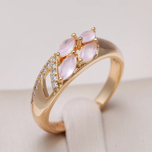 Kinel Trendy Pink Natural Zircon Ring for Women 585 Rose Gold Unusual Accessories Geometry Ring Luxury Bride Wedding Jewelry