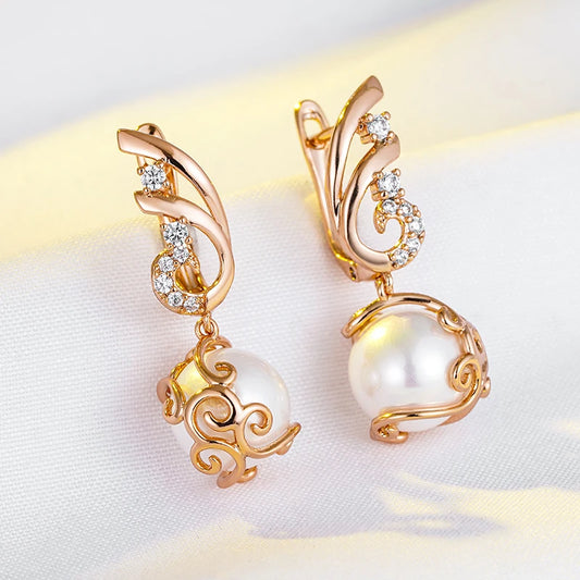 Wbmqda Luxury Fashion Pearl Drop Earrings For Women 585 Rose Gold Color Natural Zircon Vintage Flower Wedding Party Fine Jewelry