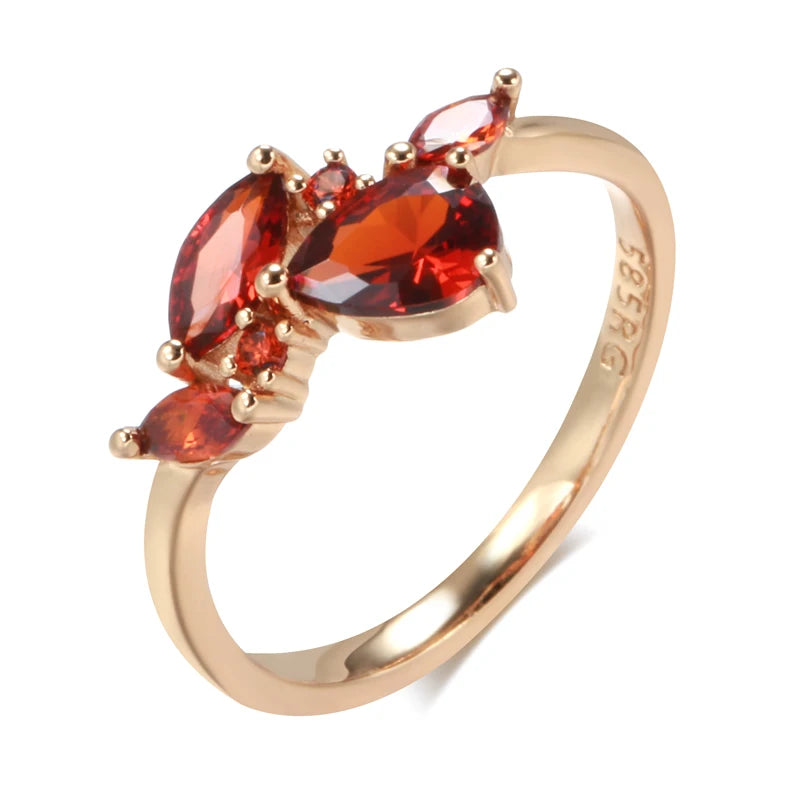 Kinel 2022 Luxury Leaf Ring for Women Red Natural Zircon With 585 Rose Gold Bride Ring Lady Anniversary Gift Wedding Jewelry