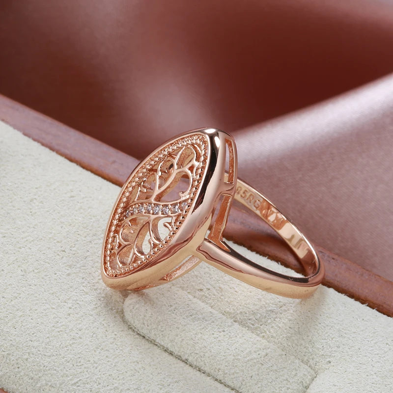 Wbmqda Fashion Metal Hollow Glossy Ring For Women 585 Rose Gold Color With White Natural Zircon High Quality Daily Fine Jewelry