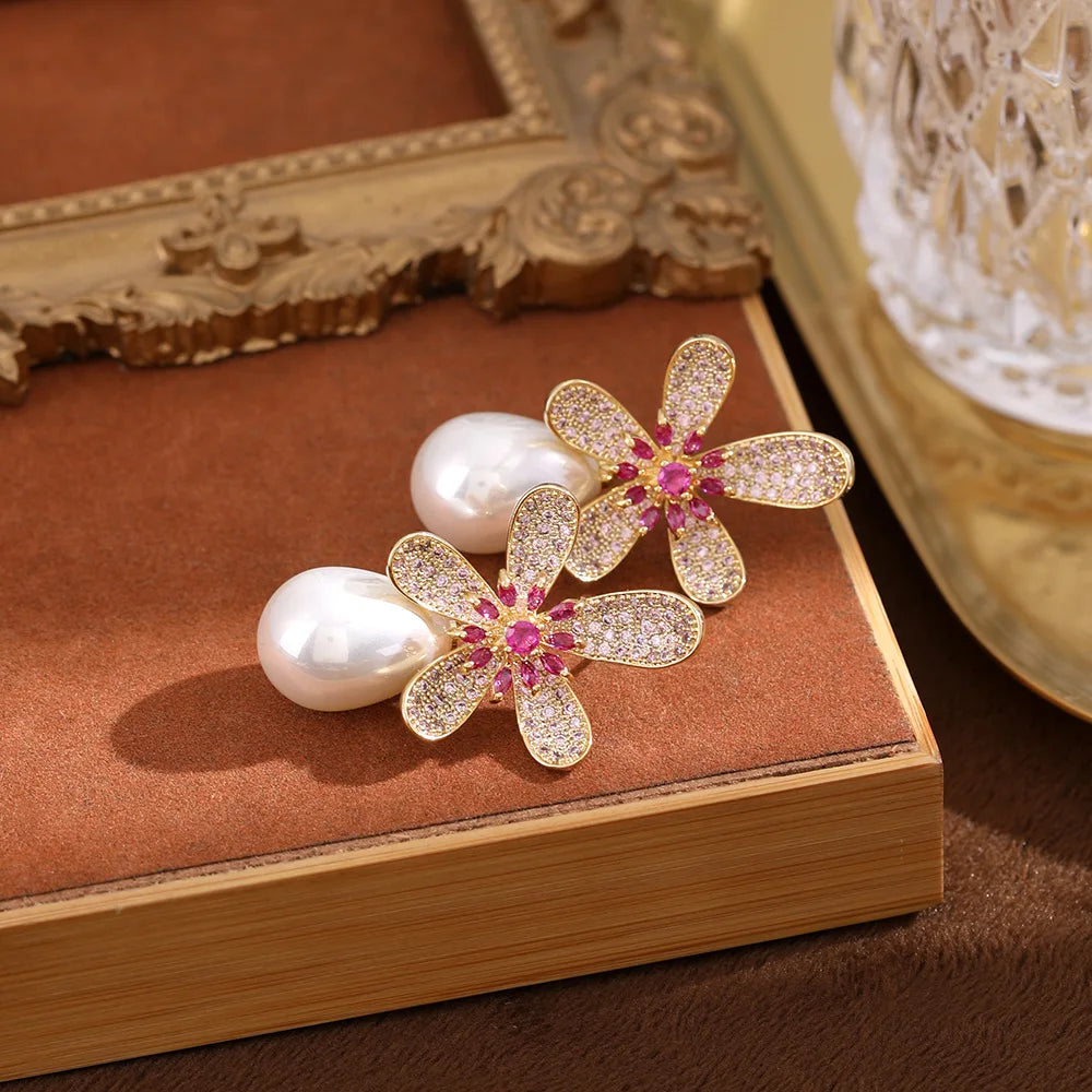 SUYU New Fashion Women's Light Luxury Accessories Micro inlaid Colorful Zircon Petals Simulated Pearl Flower Earrings