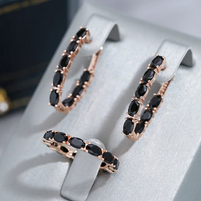 Wbmqda Unique Black Crystal Stone Ring For Women 585 Rose Gold Color Full Zircon Setting Luxury Fashion Jewelry Accessories