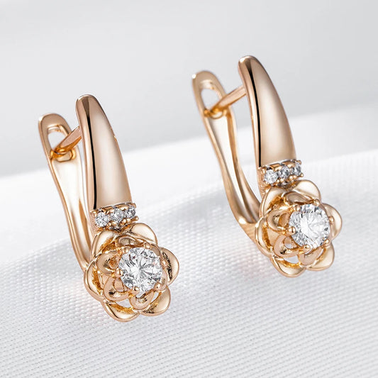 Wbmqda Luxury Elegant Crystal Flower Drop Earrings For Women 585 Rose Gold Color Natural Zircon Setting Daily Fine Jewelry