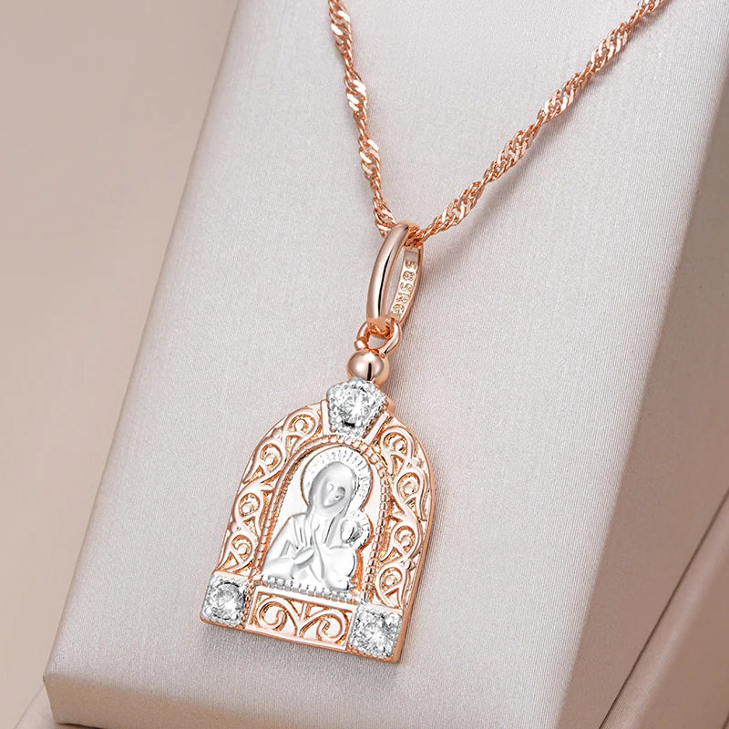 Kinel Luxury Virgin Mary Pendant Necklace For Women Men 585 Rose Gold Color Natural Zircon Jesus Charm Daily Fine Jewelry Gifts