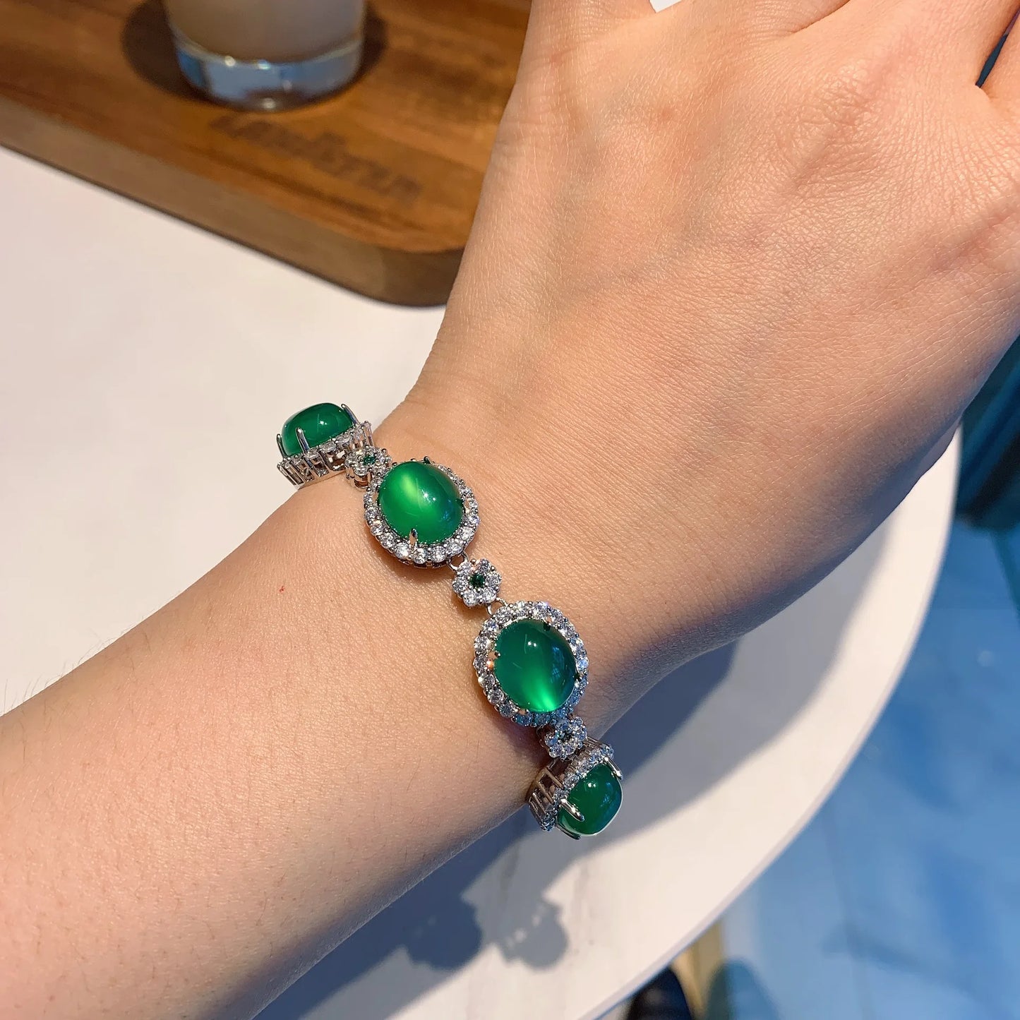 SUYU Summer Geometric Fashion Green Fluorescent Bracelet Round Set Zircon Bracelet Birthday Gift for Women