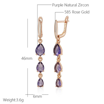 Wbmqda Shiny Purple Natural Zircon Long Dangle Earrings For Women 585 Rose Gold Color Wedding Party Fine Jewelry