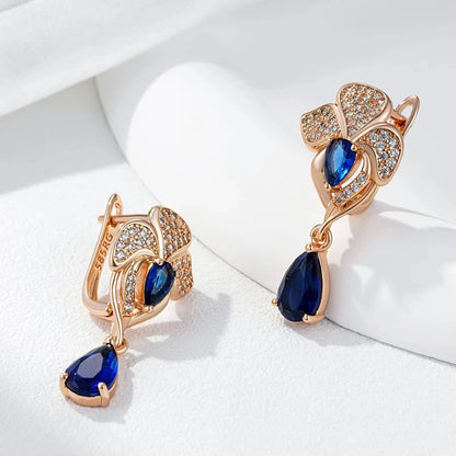 Wbmqda Luxury Retro Drop Shape Blue Natural Zircon Dangle Earrings For Women 585 Rose Gold Color Ethnic Bride Wedding Jewelry